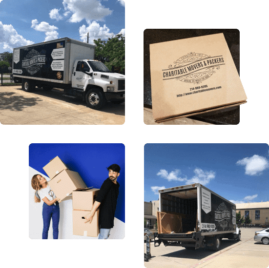 Photo gallery: Charitable Mover & Packers moving truck, Charitable Mover & Packers logo, moving boxes, and Charitable Mover & Packers open truck